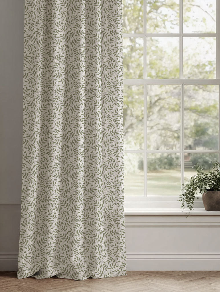 Green Botanical Linen Curtains - Fita Moss-WHT - White base fabric.