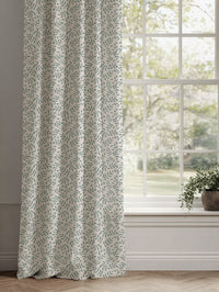 Green Botanical Linen Curtains - Fita Sage-WHT - White base fabric.