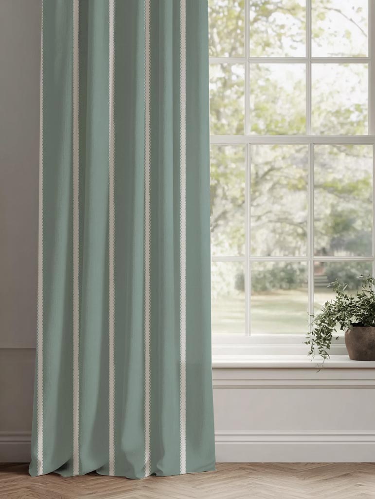 Light Green Striped Linen Curtain - Franny Sage-WHT - White base fabric.
