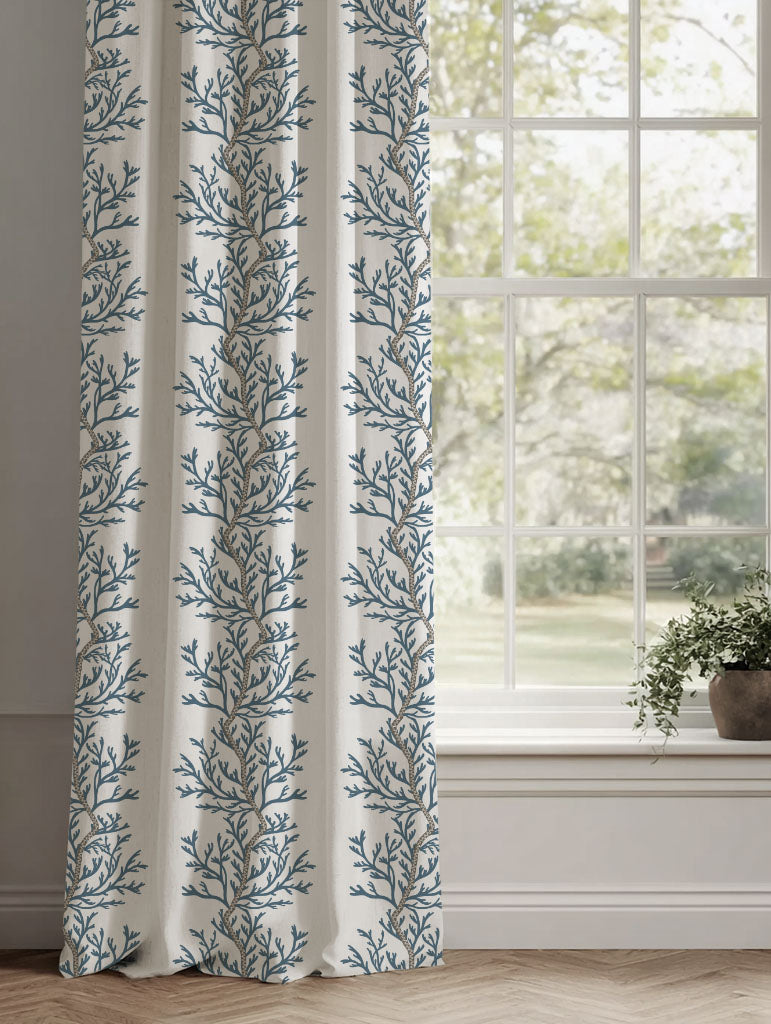 Blue Botanical Linen Curtains - Galilea Blue - White base fabric.