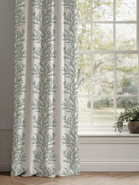 Green Botanical Linen Curtains - Galilea Sage - White base fabric.