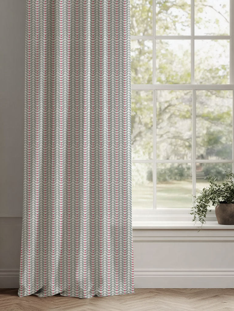 Red Patterned Linen Curtains - Hilda Cherry - White base fabric.