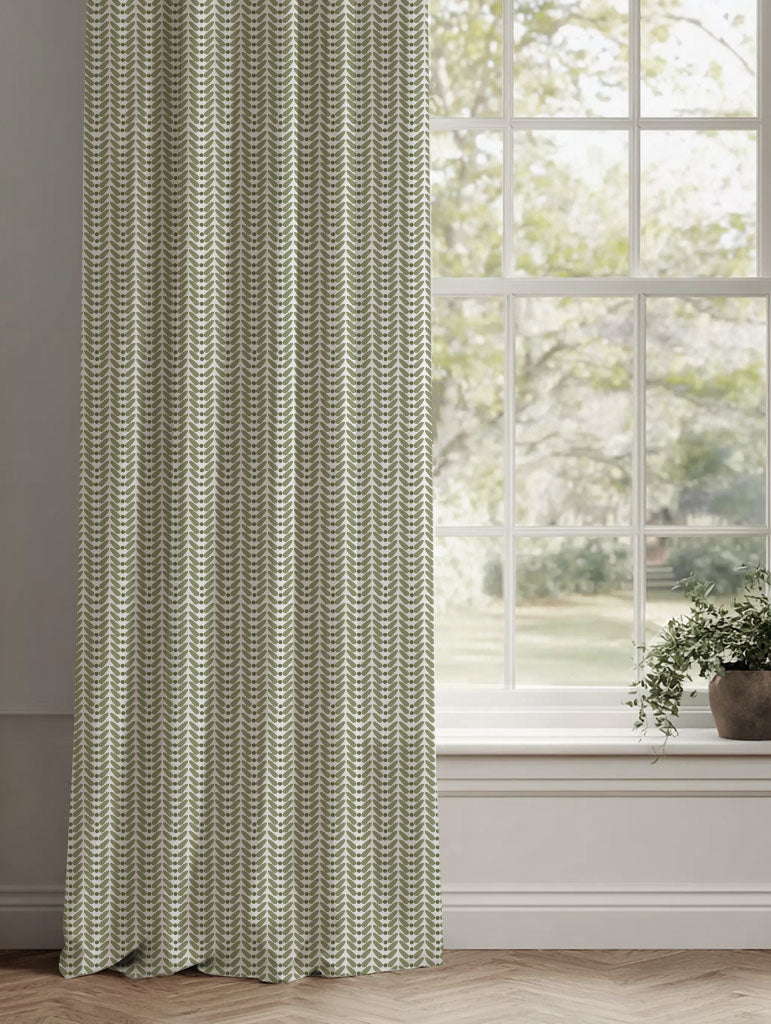 Green Patterned Linen Curtains - Hilda Moss - White base fabric.