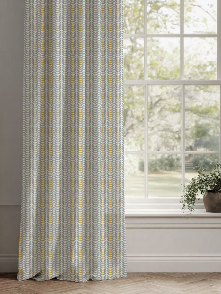 Yellow Patterned Linen Curtains - Hilda Mustard - White base fabric.