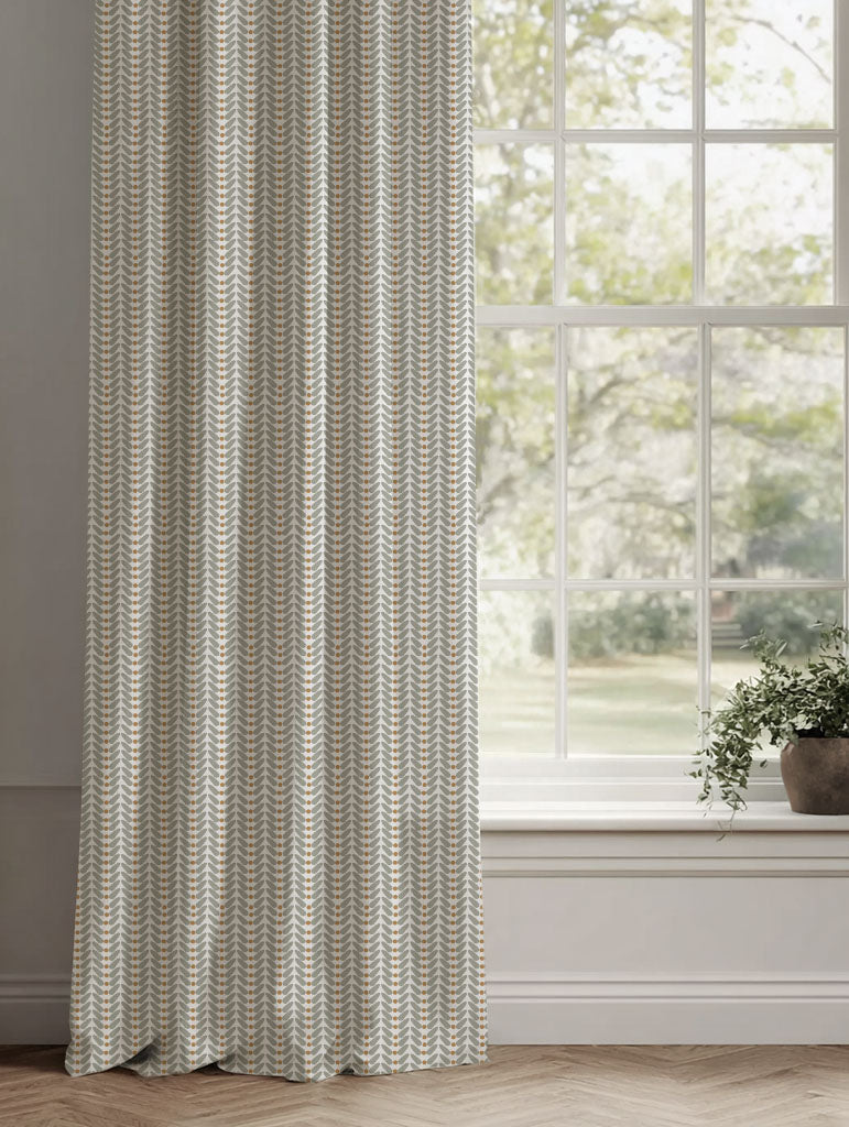 Orange / Yellow Patterned Linen Curtains - Hilda Ochre - White base fabric.