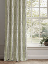 Green Patterned Linen Curtains - Hilda Olive - White base fabric.