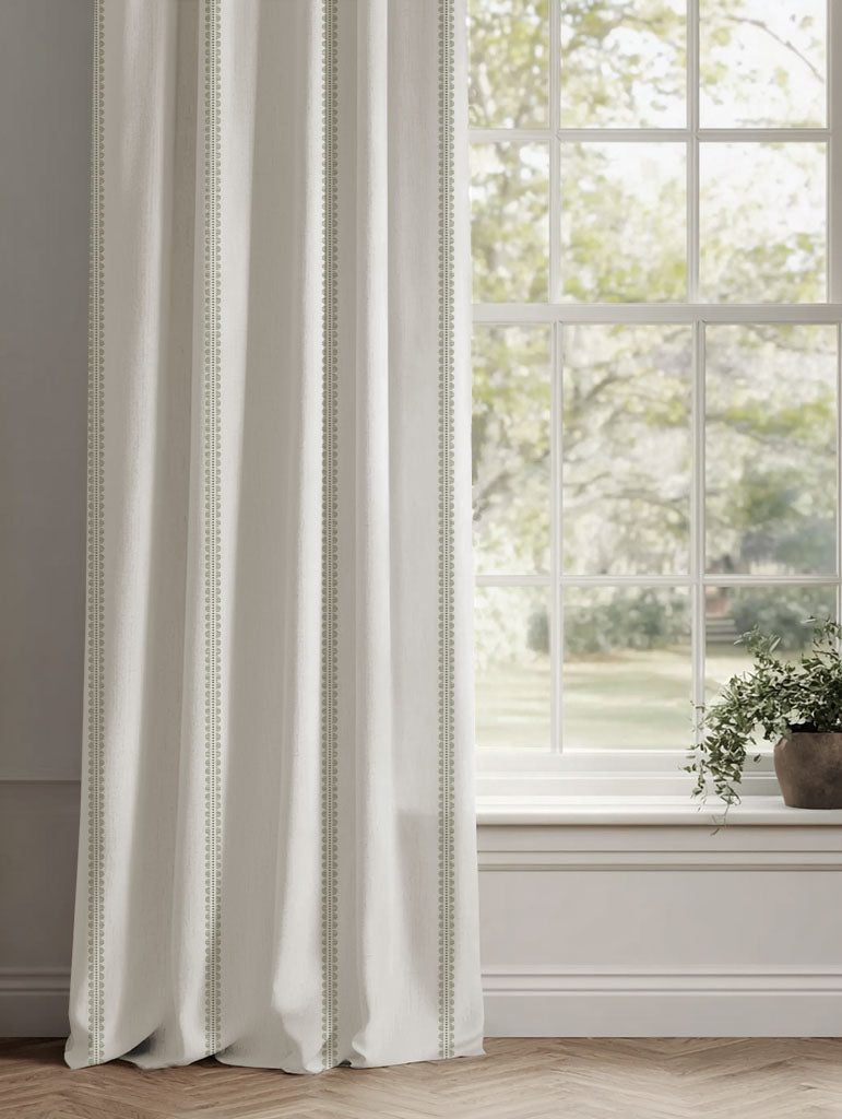 Green Striped Linen Curtains - Imogen Moss - White base fabric.