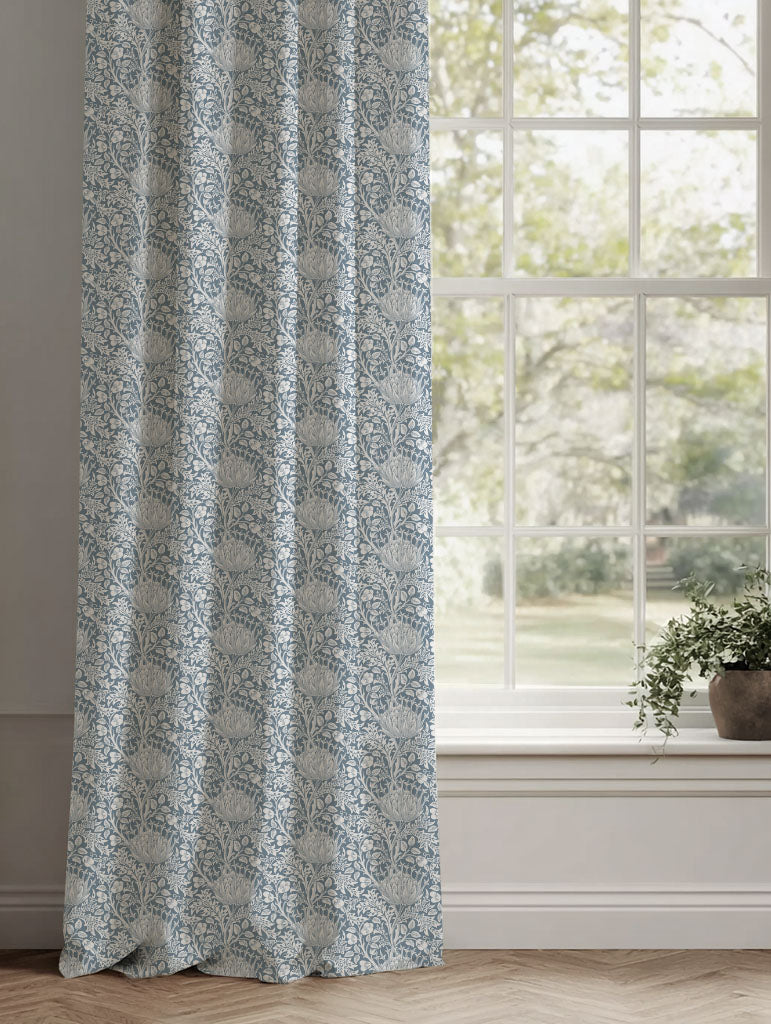 Blue Floral Linen Curtains - Katarina Agate Blue - White base fabric.