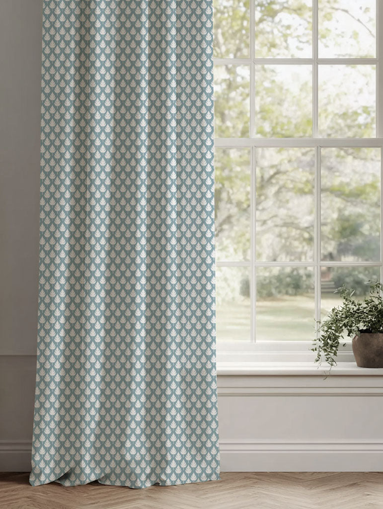 Blue Botanical Linen Curtains - Kira Shadow Blue - White base fabric.