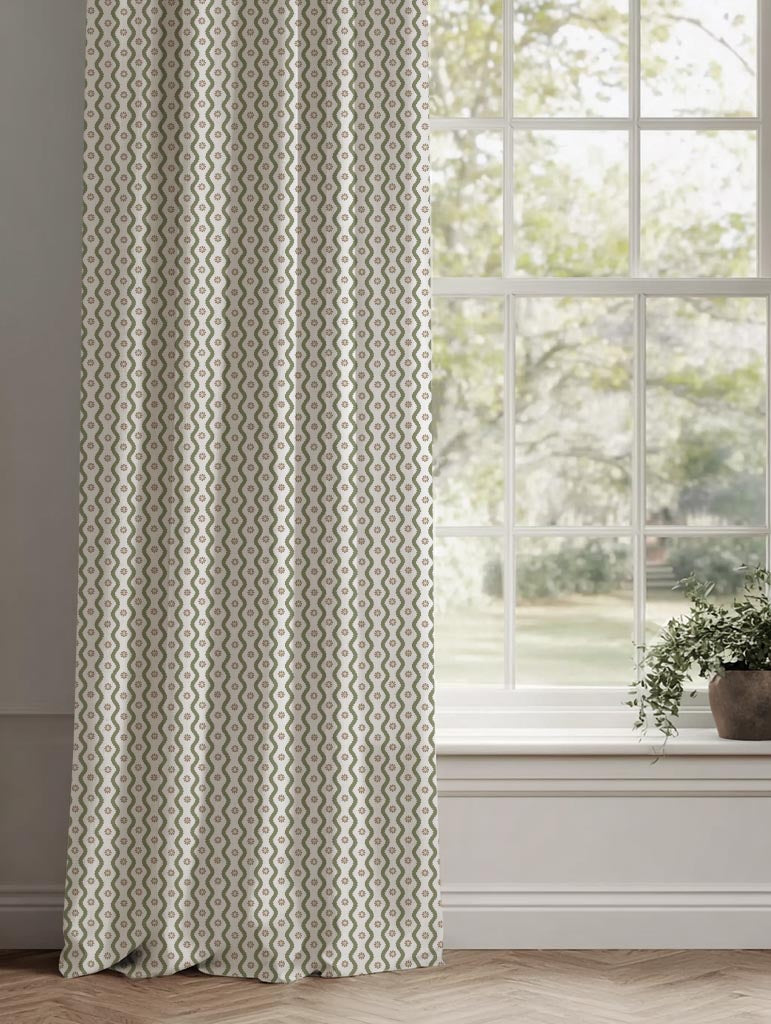 Green Abstract Linen Curtain - Kirabe Moss-WHT - White base fabric.