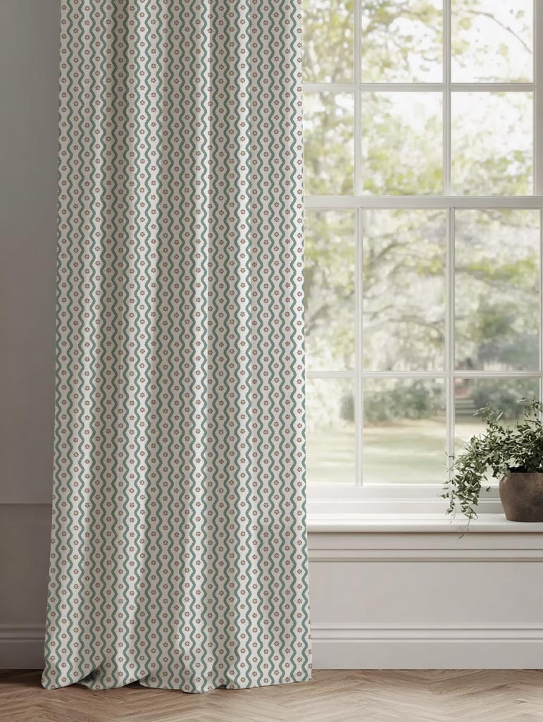 Light Green Abstract Linen Curtain - Kirabe Sage-WHT - White base fabric.