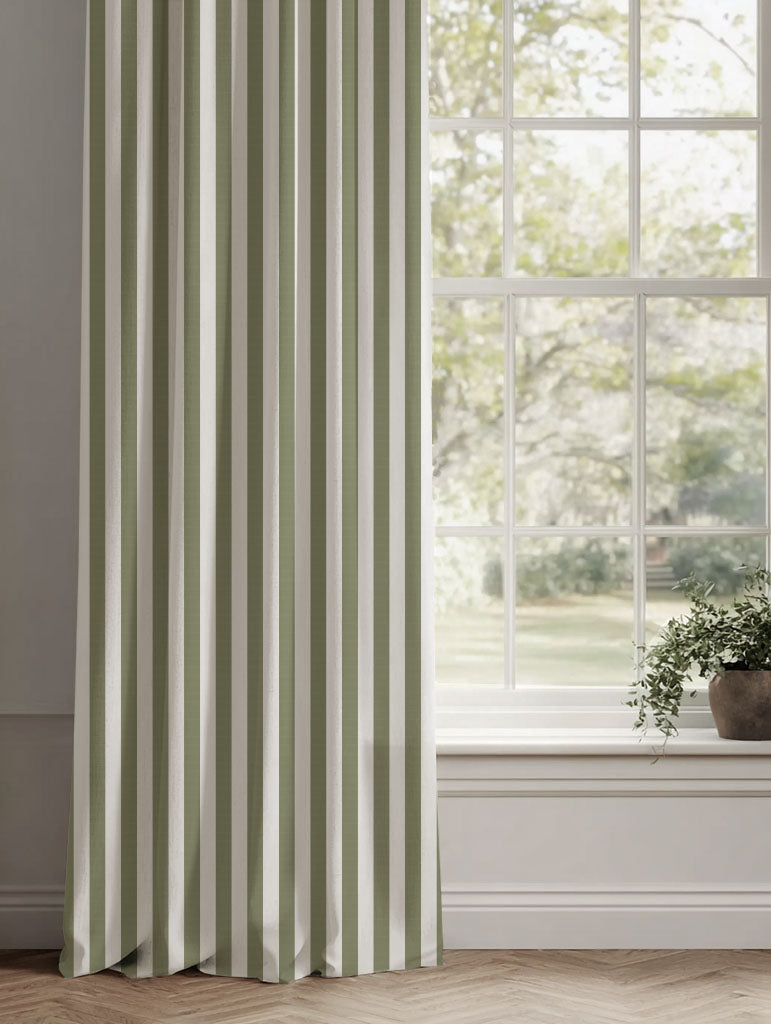 Green Striped Linen Curtains - Liliana Moss-WHT - White base fabric.