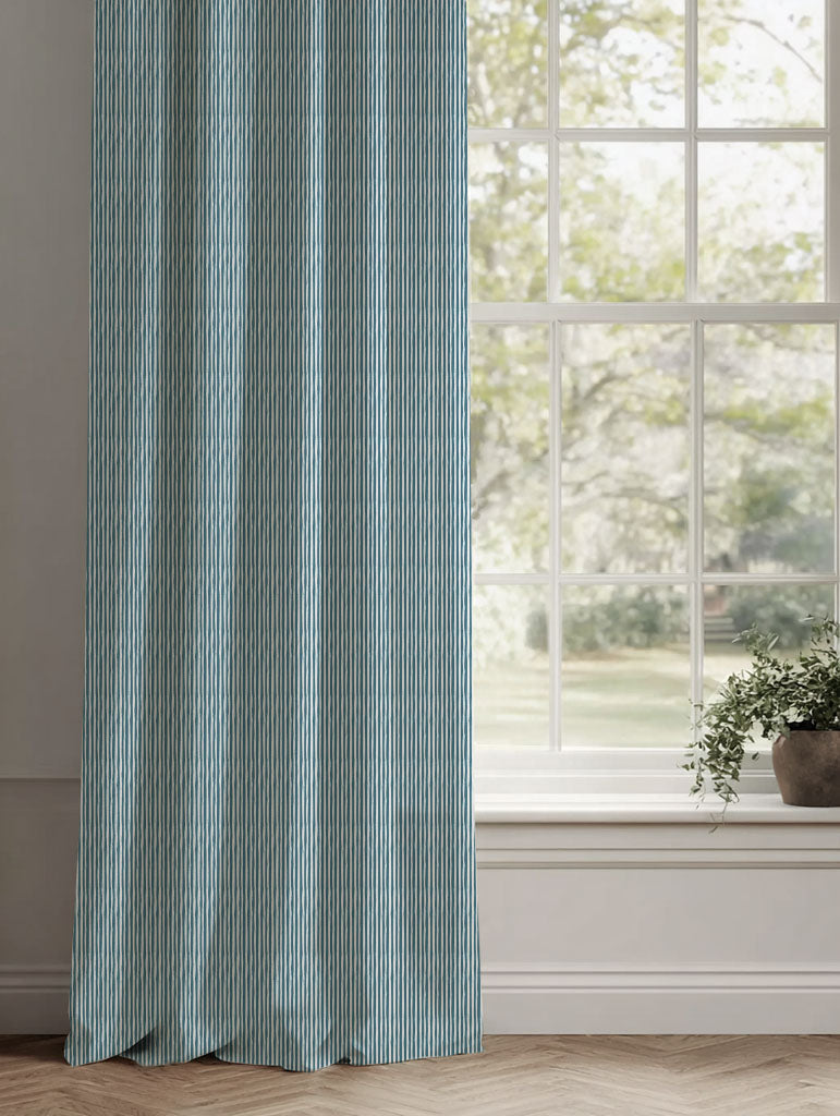 Blue Striped Linen Curtains - Maisa Blue Stone - White base fabric.