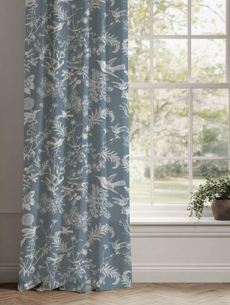 Blue Floral Linen Curtains - Marianne Agate Blue - White base fabric.
