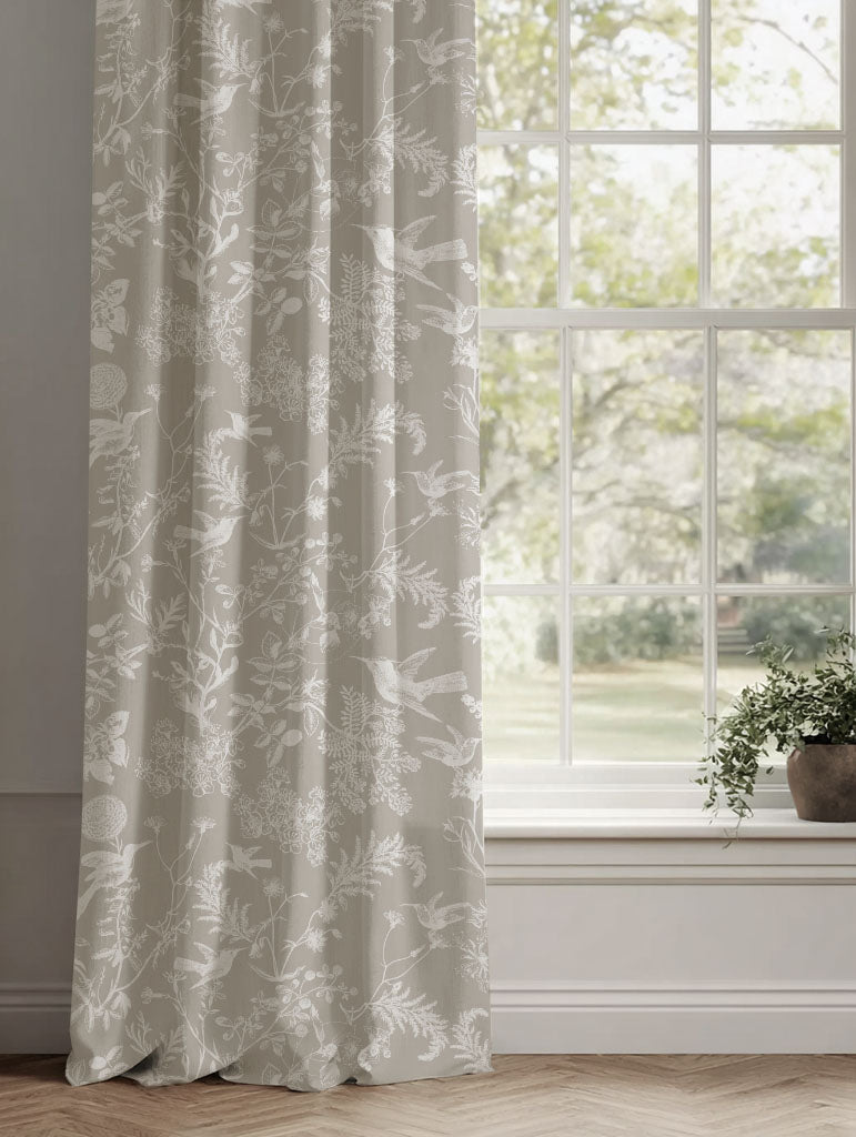 Neutral / Grey Floral Linen Curtains - Marianne Almond  - White base fabric.