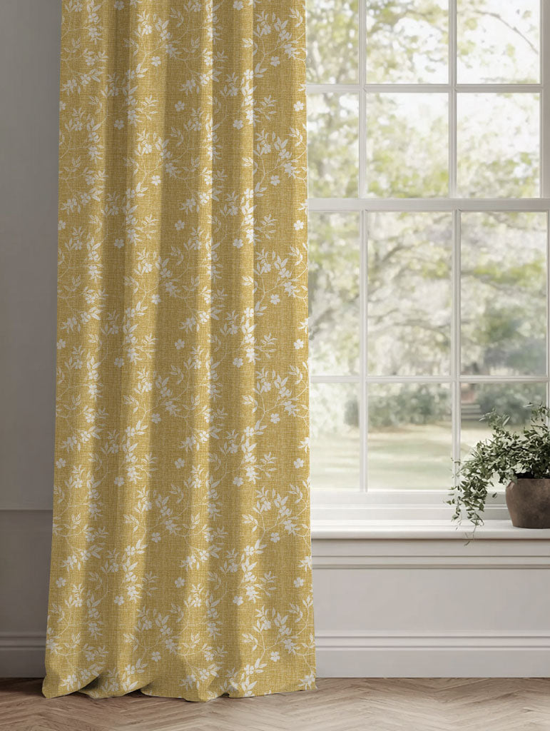 Yellow Floral Linen Curtains - Merisa Gold Amber - White base fabric.