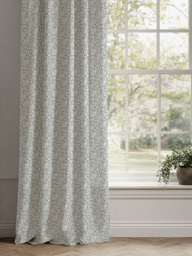 Grey Patterned Linen Curtains - Nora Greige-WHT - White base fabric.