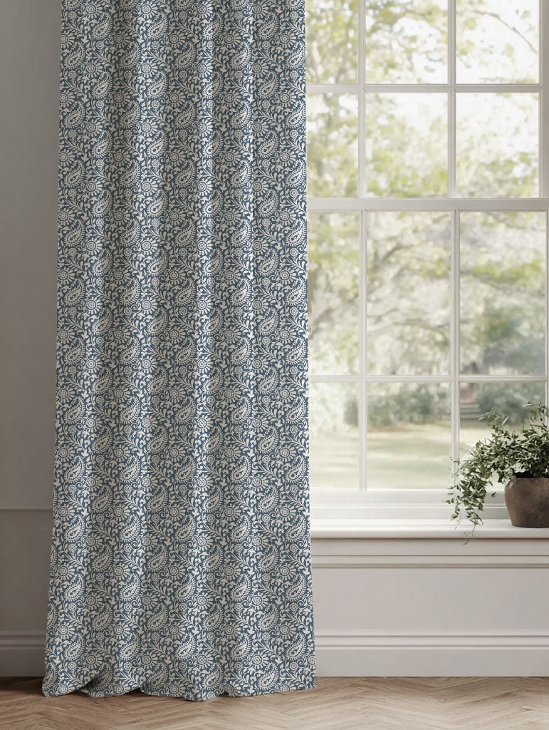 Blue Patterned Linen Curtains - Nora Ink-WHT - White base fabric.