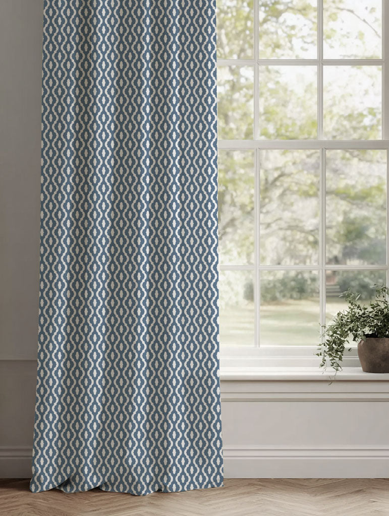 Blue Patterned Linen Curtains - Oona Denim - White base fabric.