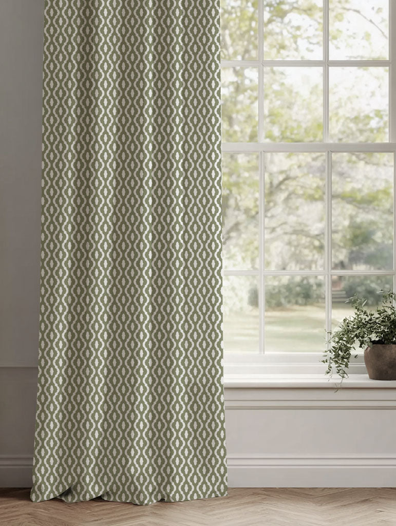 Green Patterned Linen Curtains - Oona Moss - White base fabric.