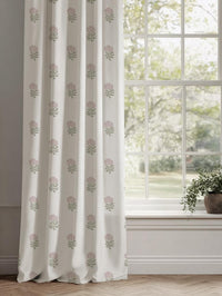 Pink Floral Linen Curtain - Pearlie Peony-WHT - White base fabric.