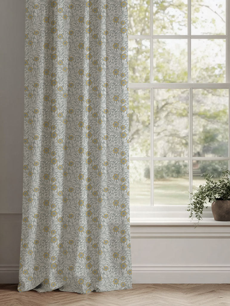 Yellow Floral Linen Curtains - Ruth Dijon - White base fabric.