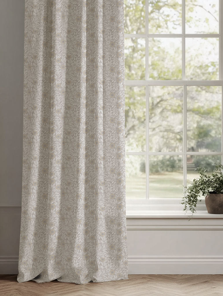 Neutral / Grey / Brown Floral Linen Curtains - Ruth Powder Sand - White base fabric.