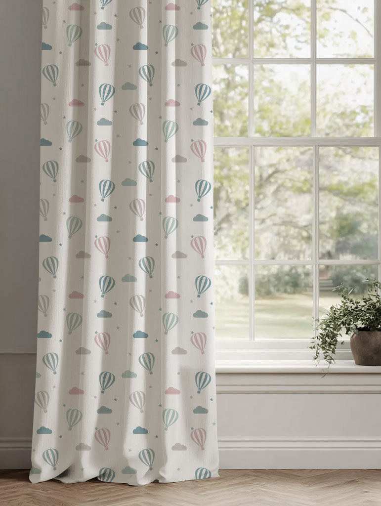 Pink Kids Linen Curtains - Sky Ride Pink - White base fabric.