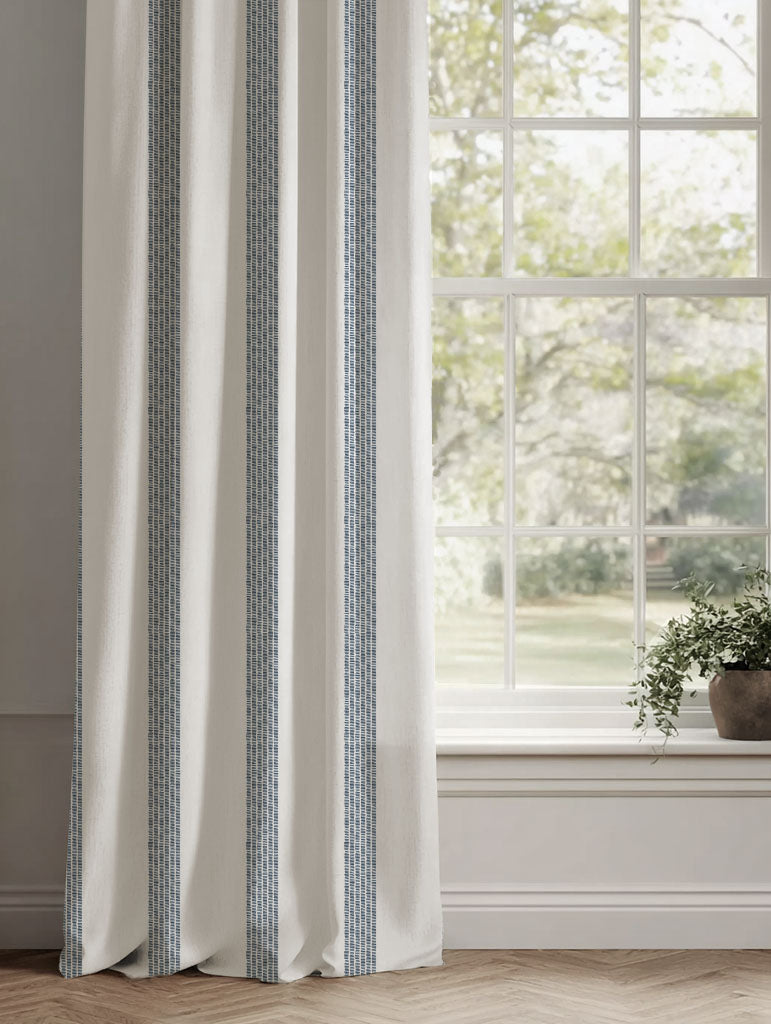 Blue Striped Linen Curtains - Sumi Ink-WHT - White base fabric.