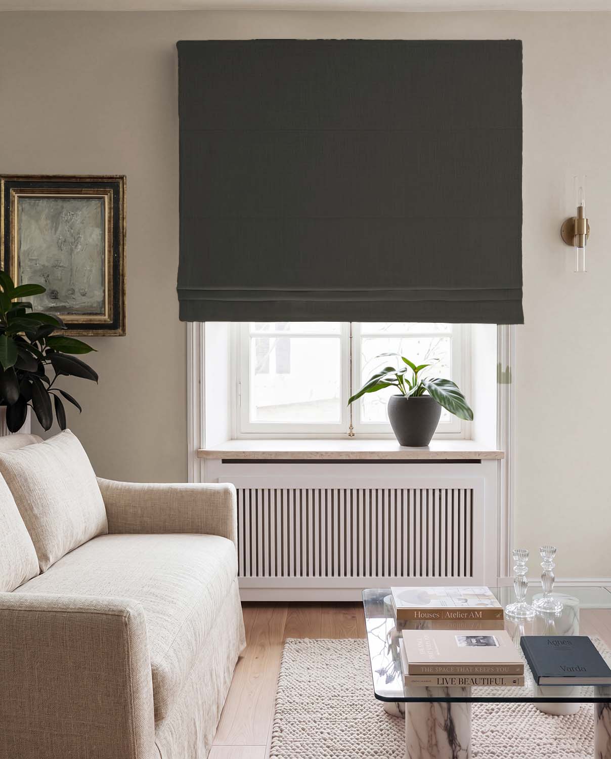 Black Roman blind with Blackout lining. Made of 100% Linen fabric - Charlotte Noir