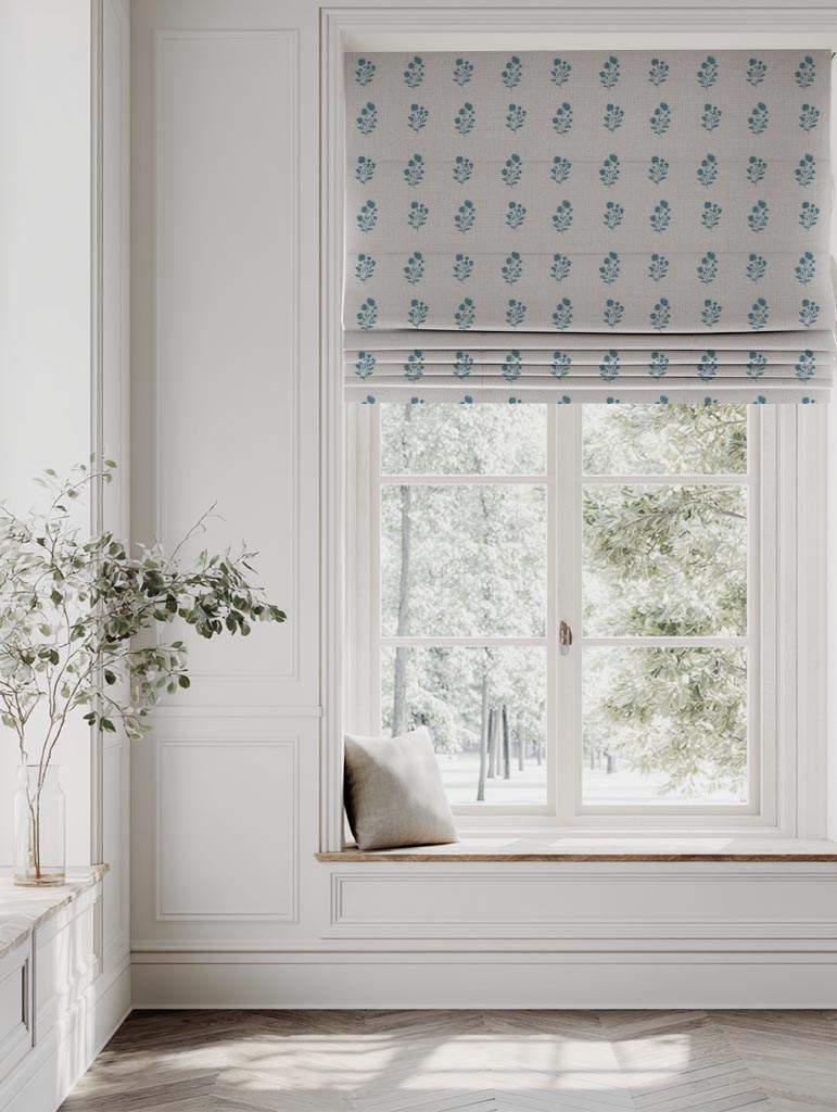 Blue Floral Linen Roman Blind - Cherie Blue Stone - Natural base fabric.