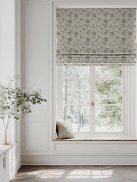 Green Floral Linen Roman Blind - Cirian Khaki - Natural base fabric.