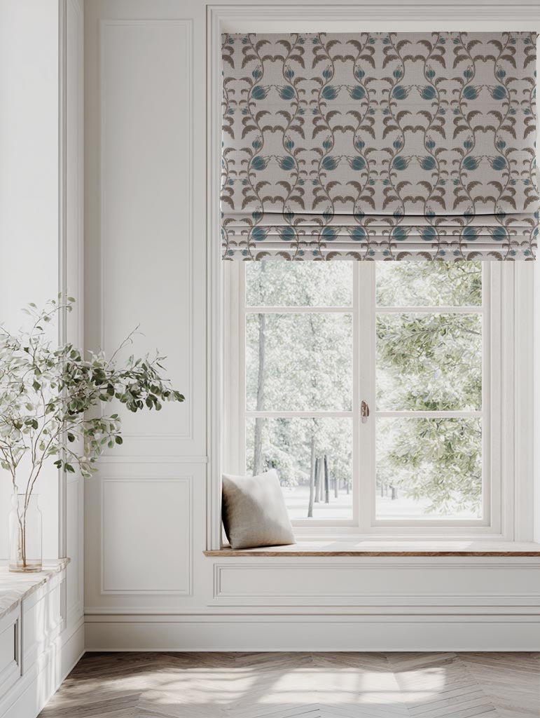 Blue and Brown Patterned Linen Roman Blind - Dana Blue Pebble  - Natural base fabric.