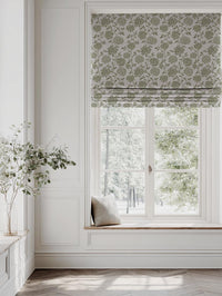 Green Floral Linen Roman Blind - Hulsey Khaki - Natural base fabric.