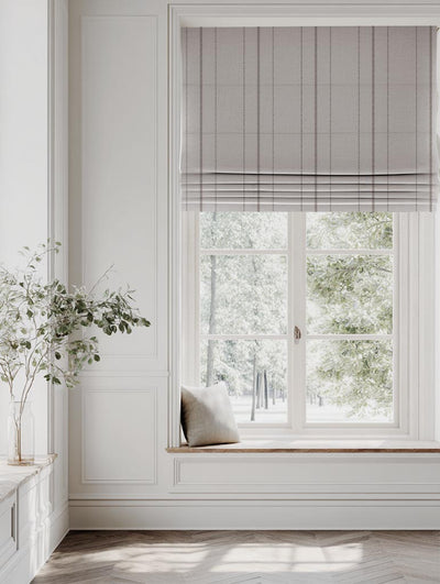 Brown Patterned Linen Roman Blind - Inari Umbre - Natural base fabric.
