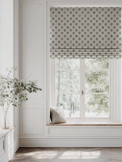 Green Abstract Floral Linen Roman Blind - Lany Khaki - Natural base fabric.