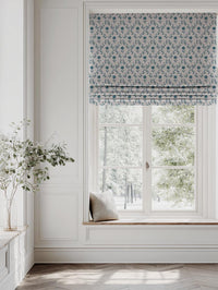 Blue Botanical Linen Roman Blind - Lulani Blue Stone - Natural base fabric.