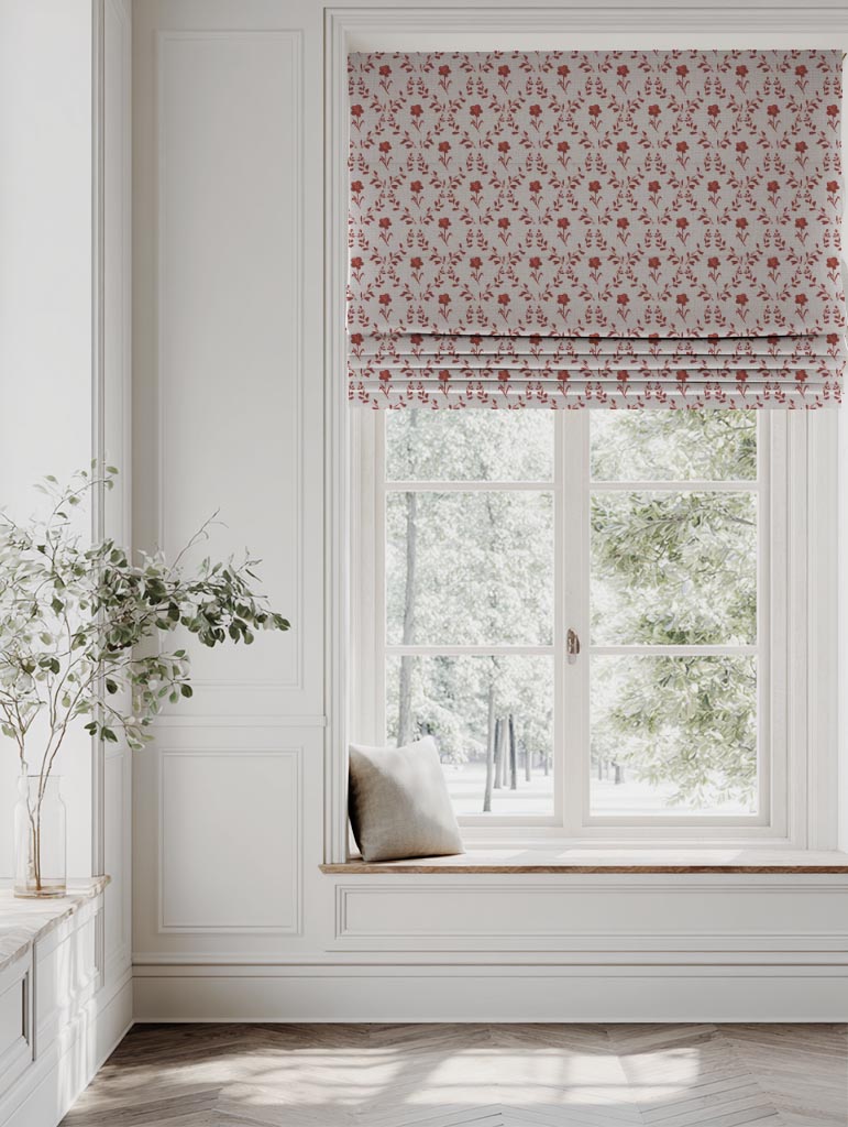 Red Botanical Linen Roman Blind - Lulani Crimson Red - Natural base fabric.