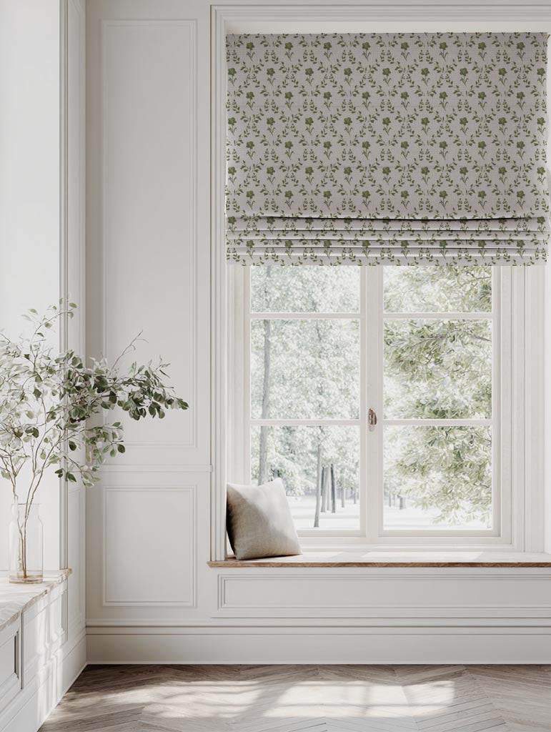 Green Botanical Linen Roman Blind - Lulani Khaki - Natural base fabric.