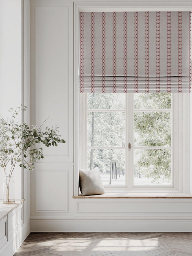 Pink Abstract Striped Linen Roman Blind - Margarie Pink - Natural base fabric.