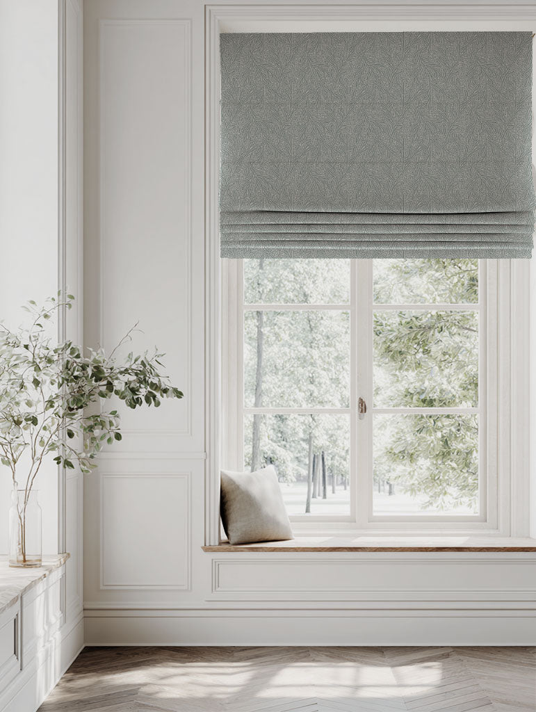 Green Botanical Linen Roman blind - Alma Sage - Natural base fabric.