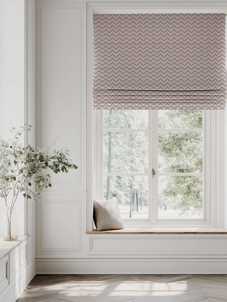 Pink Patterned Linen Roman blind - Azig Dusty Pink - Natural base fabric.