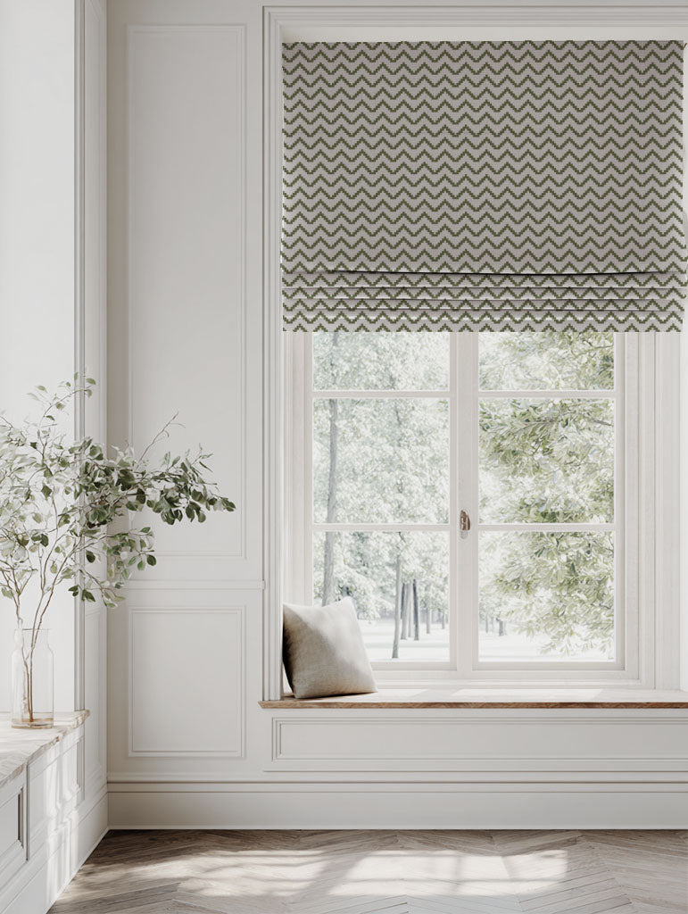 Green Patterned Linen Roman blind - Azig Khaki - Natural base fabric.