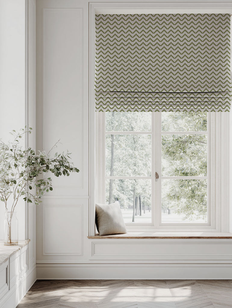 Green Patterned Linen Roman blind - Azig Leaf - Natural base fabric.