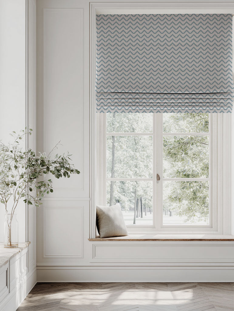 Blue Patterned Linen Roman blind - Azig Sky - Natural base fabric.