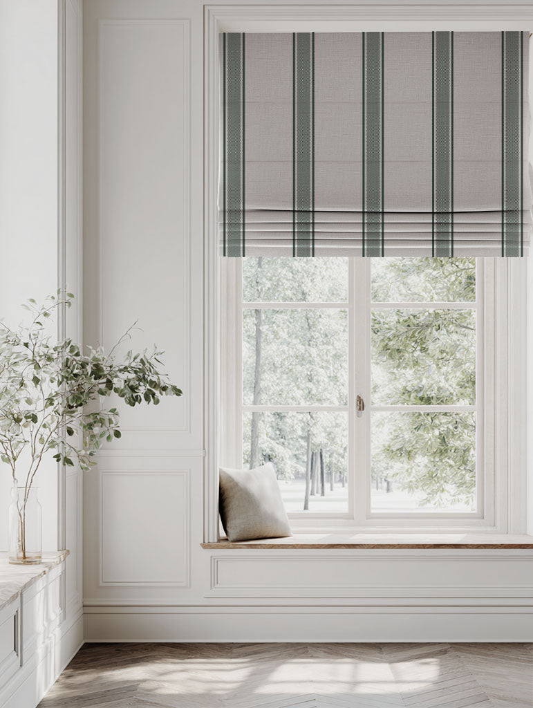 Green Striped Linen Roman blind - Bella Dark Pine - Natural base fabric.