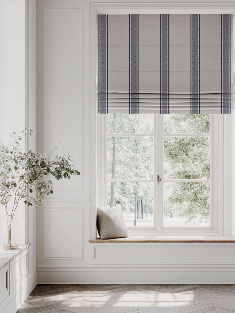 Blue Striped Linen Roman blind - Bella Deep Blue - Natural base fabric.