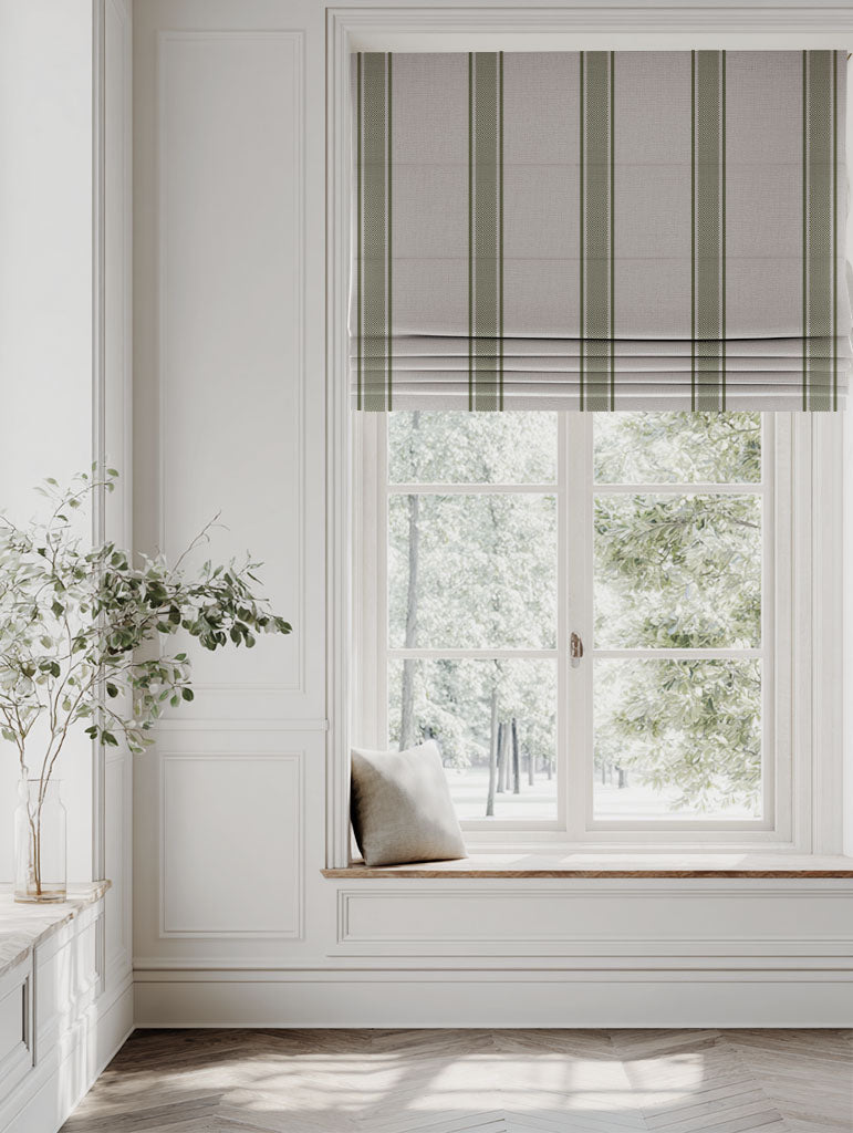 Green Striped Linen Roman blind - Bella Khaki - Natural base fabric.