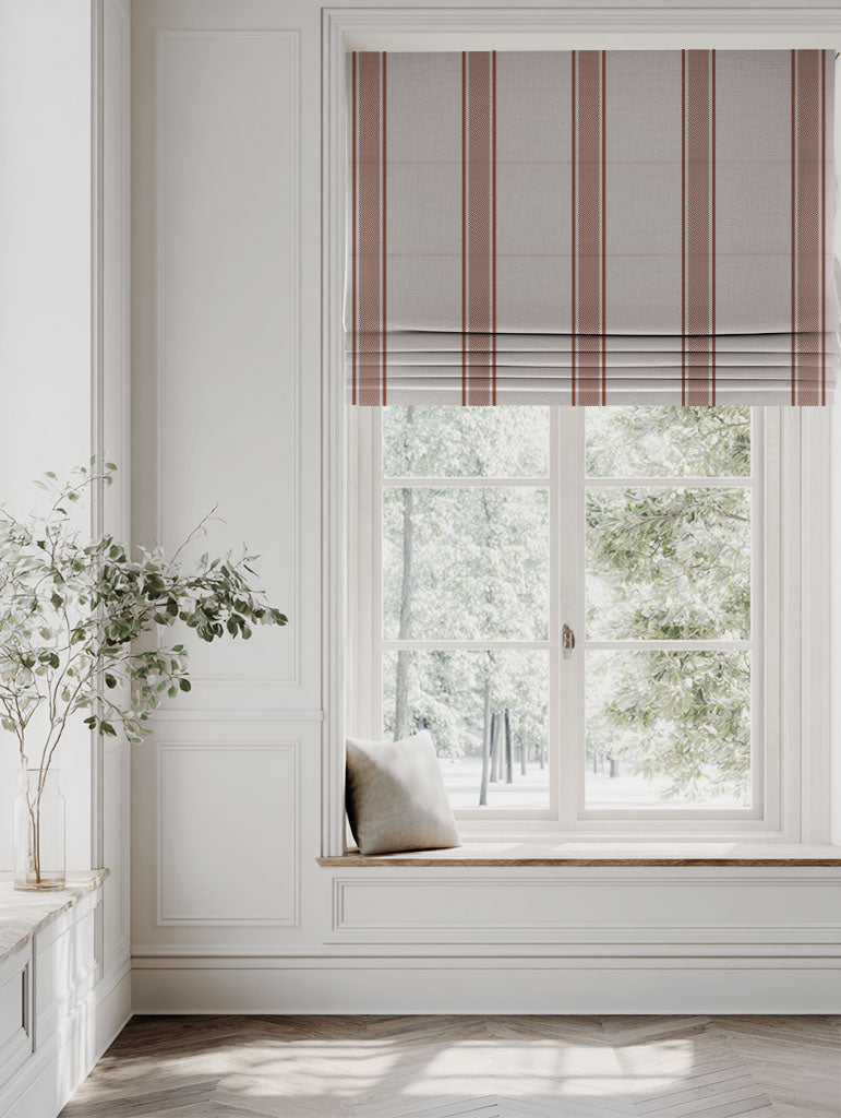 Red / Orange Striped Linen Roman blind - Bella Terracotta - Natural base fabric.