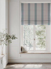 Blue Striped Linen Roman blind - Bella True Blue - Natural base fabric.